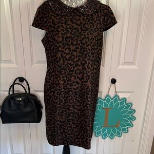 MARINA Leopard Print Beaded Collar Sheath Dress Size 16